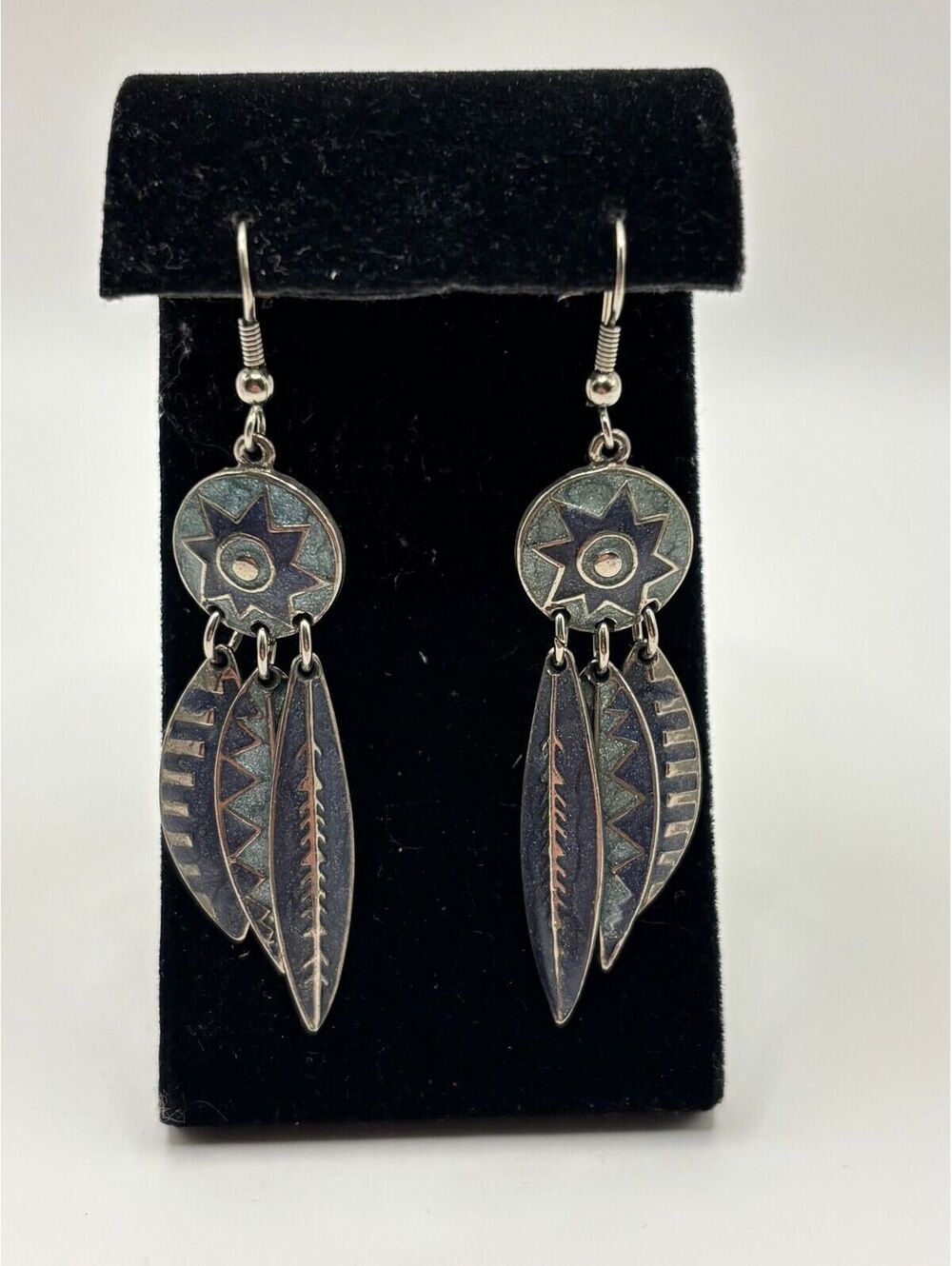 Edgar Berebi Native Inspired Blue Enamel Silver Tone Feather Fish Hook Earrings